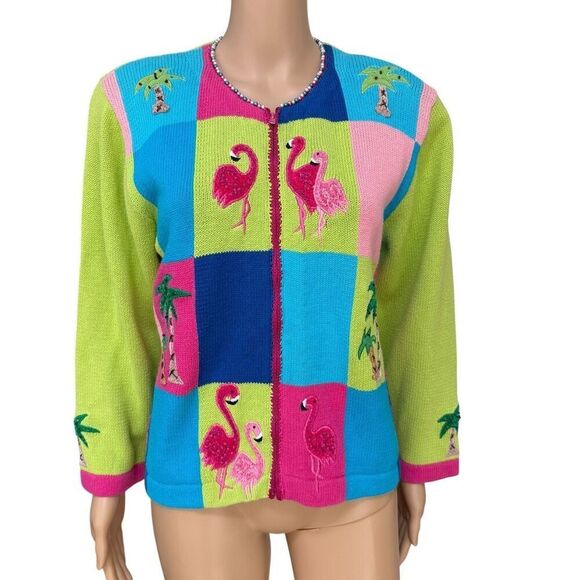 Jack B Quick Sweaters - Jack B Quick Colorful Art-to-Wear Flamingo Island Fun Florida Palm Sweater Sz M